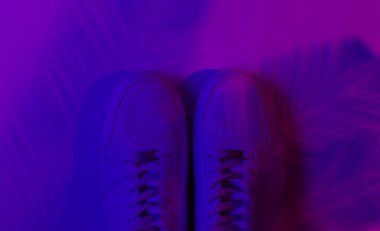 Arka planda şık beyaz spor ayakkabılar ve palmiye yapraklarından gölgeler. Neon gradyan ışık. Üst görünüm