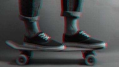 Gençlik hipster konsepti. Kotlu kadın bacakları ve kruvazör tahtasındaki spor ayakkabıları. Arıza efekti