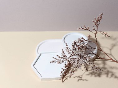 Bej arka planda kuru çiçekli dekoratif alçı tepsiler. Mumlar için, kozmetik veya mücevher organizatörleri için. Yaratıcı vitrin