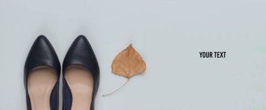 Sonbahar koleksiyonu. Deri yüksek topuklu ayakkabılar ve arka planda kuru sonbahar yaprağı. Uzayı kopyala Stüdyo çekimi. Üst görünüm