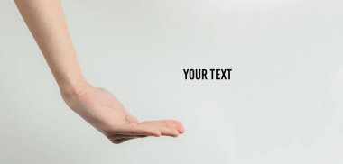 Metnin için beyaz arkaplan ve metin için boşluk olan kadın avuç içi