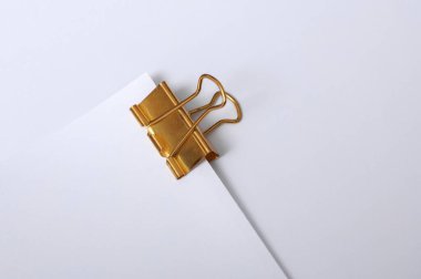 Masanın üzerinde beyaz boş kağıtlar olan altın klasör