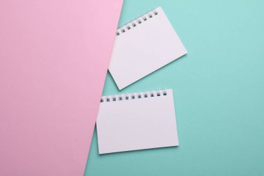 Pembe mavi arkaplan üzerine iki boş spiral defter.