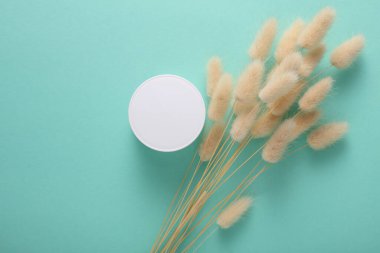 Nane yeşili arka planda lagurus çiçekli beyaz krema kavanozu. Üst görünüm