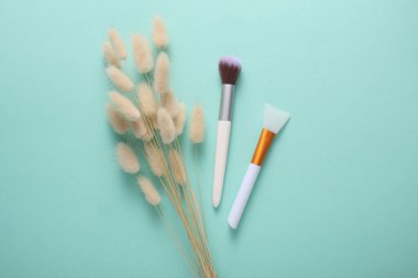 Nane yeşili arka planda lagurus çiçekli makyaj fırçaları. Üst Manzara. Güzellik konsepti