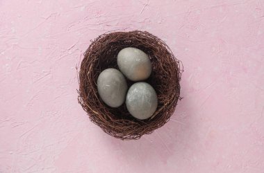 Paskalya yumurtaları pembe beton arka planda bir yuvada