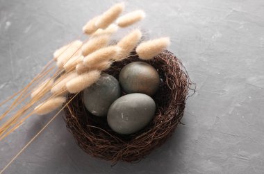 Yuvasında paskalya yumurtaları ve gri çimento arka planda lagugrus çiçekleri.
