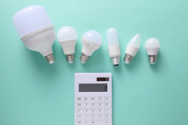 Nane yeşili zemin üzerinde farklı şekillerde LED ampuller ve hesap makinesi