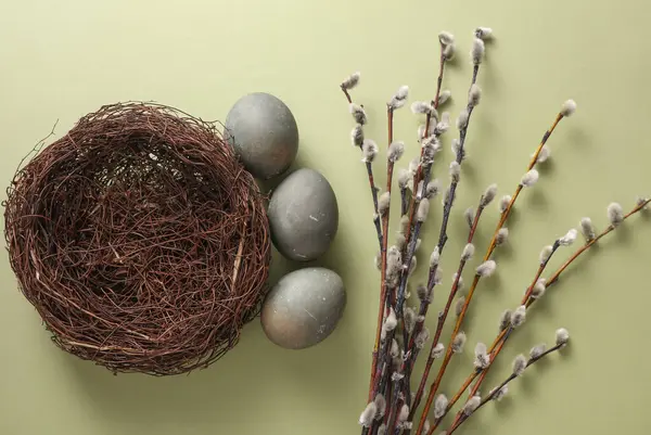 Easter eggs in nest and pussy willow branches on green background. Top view
