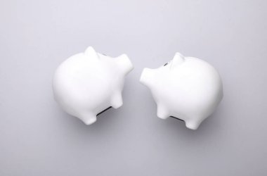 Beyaz seramik domuz kumbarası. İş konsepti. Kavramsal fotoğraf. Üst Manzara. Düz yatıyordu