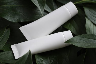 Yeşil bitki yaprakları üzerinde beyaz plastik krem tüpleri