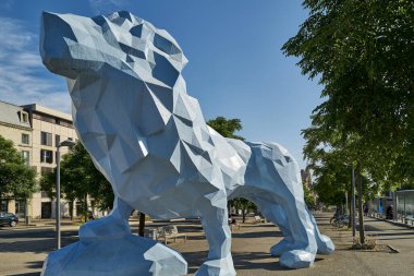 Bordeaux, France - August 17, 2019: The polystirene composite blue Lion by Xavier Veilham in  Stalingrad square