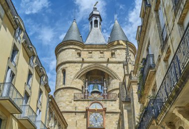 Bordeaux, France - August 18, 2019:  Upward view of the Big Bell medieval gate