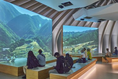 Bordeaux, France - August 19, 2019: Visitors in  in a hall of the Wine City  museum and cultural center