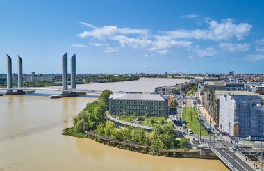 France, Bordeaux, View of the towers of the Chaban Delmas bridge (vertical lifting bridge) on the Garonne river