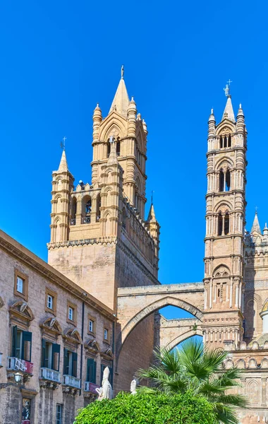Italy, Palermo, view of the towers of the Primatial Metropolitan Cathedral Basilica of the Holy Virgin Mary of the Assumption, better known as Cathedral of Palermo
