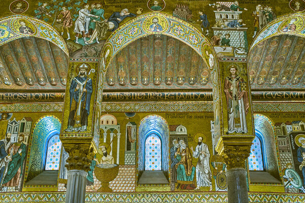 Palermo, Italy - October 17, 2022: Byzantine style mosaics of the Palatine Chapel in the Norman Palace also known as the Royal Palace