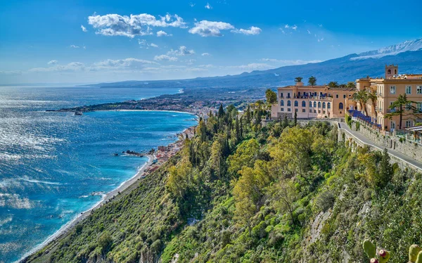 Taormina Italia Panorama Hermosa Costa Vista Desde Mirador Del Casco —  Fotos de Stock