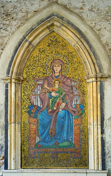 Taormina Italy February 2023 Mosaic Depicting Madonna Child Clock Tower — Stock Photo, Image