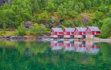 Flaam, Norveç, köyün limanındaki tipik evler.