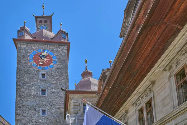 Lucerna Szwajcaria Widok Średniowieczną Wieżę Zegarową Ratusza — Zdjęcie stockowe