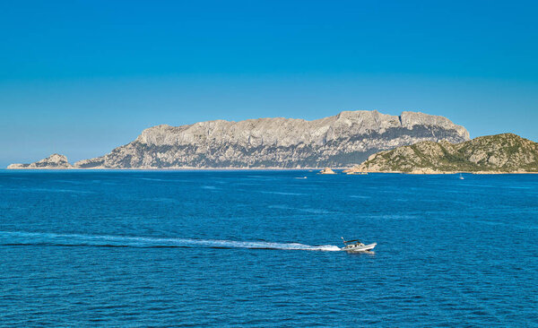 Italy, Sardinia island, the Tavolara island seen from the exit of the gulf of Olbia