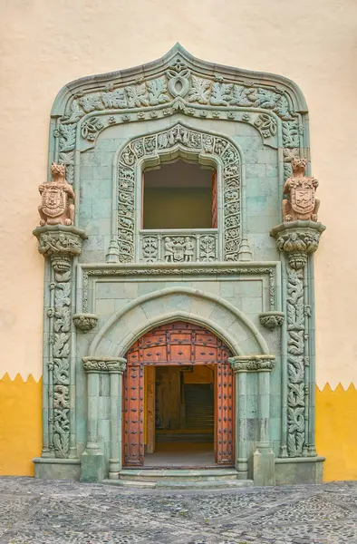 Las Palmas, Gran Canaria , Spain  - March 17, 2023:  The imposing main portal of the house museum of Christopher Columbus