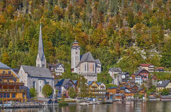 Hallstatt Austria October 2022 View Village Evangelical Left Catholic Curch — Stock Photo, Image