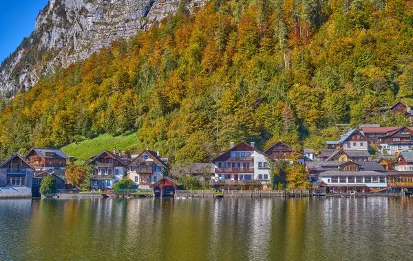 Hallstatt Austria View Village Vith Traditional Houses Wooden Boat Sheds — Stock Photo, Image