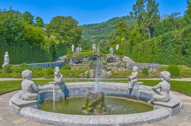 Valsansibio, Italy - June 25, 2023:  Statues and fountain in the park of the monumental complex of Villa Barbarigo also known as Villa Valsansibio clipart