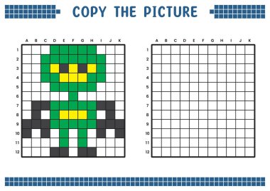 Resmi kopyala, ızgara resmini tamamla. Kare kareler, hücre boyama alanlarıyla ilgili eğitici çalışma tabloları. Çocuk yuvası aktiviteleri. Çizgi film vektörü, piksel resim. Ninja robot çizimi.