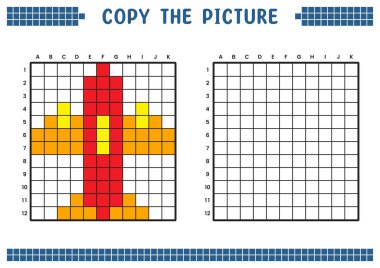 Resmi kopyala, ızgara resmini tamamla. Kare kareler, hücre boyama alanlarıyla ilgili eğitici çalışma tabloları. Çocuk yuvası aktiviteleri. Çizgi film vektörü, piksel resim. Çizim düzlemi.