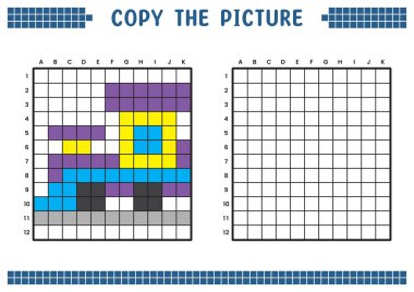 Copy the picture, complete the grid image. Educational worksheets drawing with squares, coloring cell areas. Children's preschool activities. Cartoon vector, pixel art. Train locomotive illustration. clipart