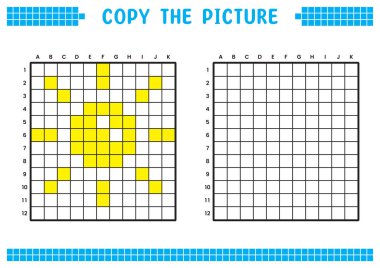 Resmi kopyala, ızgara resmini tamamla. Kare kareler, hücre boyama alanlarıyla ilgili eğitici çalışma tabloları. Çocuk yuvası aktiviteleri. Çizgi film vektörü, piksel resim. Parlak güneş çizimi.