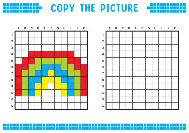 Resmi kopyala, ızgara resmini tamamla. Kare kareler, hücre boyama alanlarıyla ilgili eğitici çalışma tabloları. Çocuk yuvası aktiviteleri. Çizgi film vektörü, piksel resim. Gökkuşağı çizimi.
