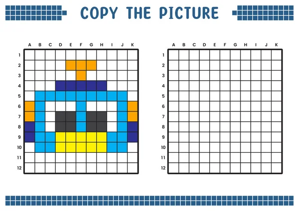 stock vector Copy the picture, complete the grid image. Educational worksheets drawing with squares, coloring cell areas. Children's preschool activities. Cartoon vector, pixel art. Robot head illustration.