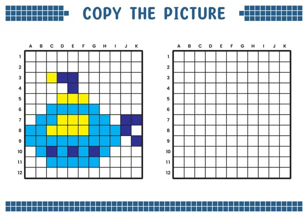 stock vector Copy the picture, complete the grid image. Educational worksheets drawing with squares, coloring cell areas. Children's preschool activities. Cartoon vector, pixel art. Submarine illustration.