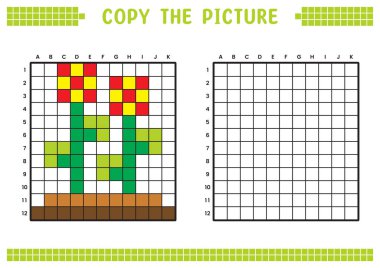 Resmi kopyala, ızgara resmini tamamla. Kare kareler, hücre boyama alanlarıyla ilgili eğitici çalışma tabloları. Çocuk yuvası aktiviteleri. Çizgi film vektörü, piksel resim. Çiçek bitkisi çizimi.