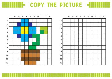 Resmi kopyala, ızgara resmini tamamla. Kare kareler, hücre boyama alanlarıyla ilgili eğitici çalışma tabloları. Çocuk yuvası aktiviteleri. Çizgi film vektörü, piksel resim. Çiçekler ve saksılar çizimi.