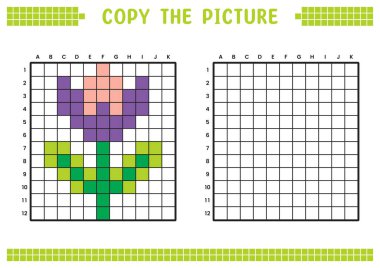 Resmi kopyala, ızgara resmini tamamla. Kare kareler, hücre boyama alanlarıyla ilgili eğitici çalışma tabloları. Çocuk yuvası aktiviteleri. Çizgi film vektörü, piksel resim. Çiçek bitkisi çizimi.