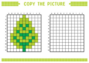 Resmi kopyala, ızgara resmini tamamla. Kare kareler, hücre boyama alanlarıyla ilgili eğitici çalışma tabloları. Çocuk yuvası aktiviteleri. Çizgi film vektörü, piksel resim. Çam ağacı çizimi.