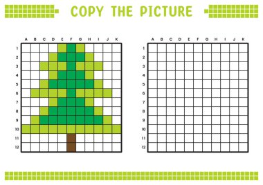 Resmi kopyala, ızgara resmini tamamla. Kare kareler, hücre boyama alanlarıyla ilgili eğitici çalışma tabloları. Çocuk yuvası aktiviteleri. Çizgi film vektörü, piksel resim. Firavun ağacı illüstrasyonu.