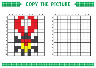 Resmi kopyala, ızgara resmini tamamla. Kare kareler, hücre boyama alanlarıyla ilgili eğitici çalışma tabloları. Çocuk yuvası aktiviteleri. Çizgi film vektörü, piksel resim. Kızıl Pençe Böcek çizimi.
