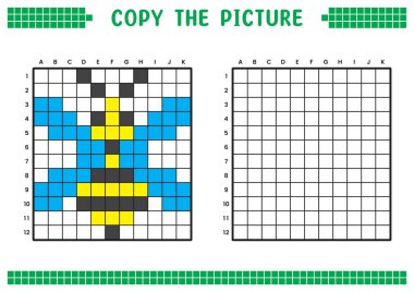 Resmi kopyala, ızgara resmini tamamla. Kare kareler, hücre boyama alanlarıyla ilgili eğitici çalışma tabloları. Çocuk yuvası aktiviteleri. Çizgi film vektörü, piksel resim. Bal arısı çizimi.