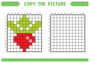 Resmi kopyala, ızgara resmini tamamla. Kare kareler, hücre boyama alanlarıyla ilgili eğitici çalışma tabloları. Çocuk yuvası aktiviteleri. Çizgi film vektörü, piksel resim. Kırmızı turp çizimi.