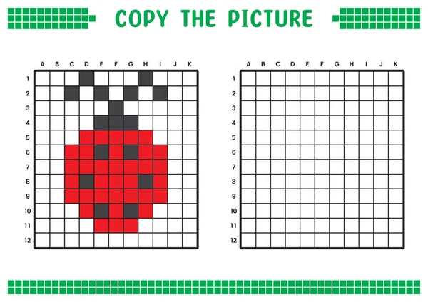 stock vector Copy the picture, complete the grid image. Educational worksheets drawing with squares, coloring cell areas. Children's preschool activities. Cartoon vector, pixel art. Red ladybug illustration.