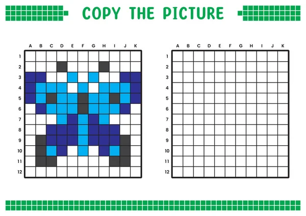 stock vector Copy the picture, complete the grid image. Educational worksheets drawing with squares, coloring cell areas. Children's preschool activities. Cartoon vector, pixel art. Blue butterfly illustration.