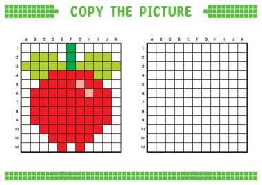 Resmi kopyala, ızgara resmini tamamla. Kare kareler, hücre boyama alanlarıyla ilgili eğitici çalışma tabloları. Çocuk yuvası aktiviteleri. Çizgi film vektörü, piksel resim. Nar çizimi.