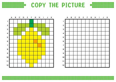 Resmi kopyala, ızgara resmini tamamla. Kare kareler, hücre boyama alanlarıyla ilgili eğitici çalışma tabloları. Çocuk yuvası aktiviteleri. Çizgi film vektörü, piksel resim. Limon illüstrasyonu.