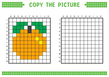 Resmi kopyala, ızgara resmini tamamla. Kare kareler, hücre boyama alanlarıyla ilgili eğitici çalışma tabloları. Çocuk yuvası aktiviteleri. Çizgi film vektörü, piksel resim. Turuncu meyve illüstrasyonu.